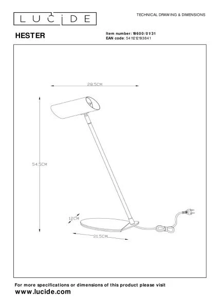 Lucide HESTER - Schreibtischlampe - 1xGU10 - Weiß - TECHNISCH